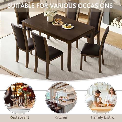 Image of KEIKI 7-Piece Standard Height Dining Table Set with Rectangular Table, 6 Upholstered Chair, for 6 Person, Farmhouse Rustic Style Table Set, Easy Assembly, for Kitchen, Dining Room, Dark Walnut