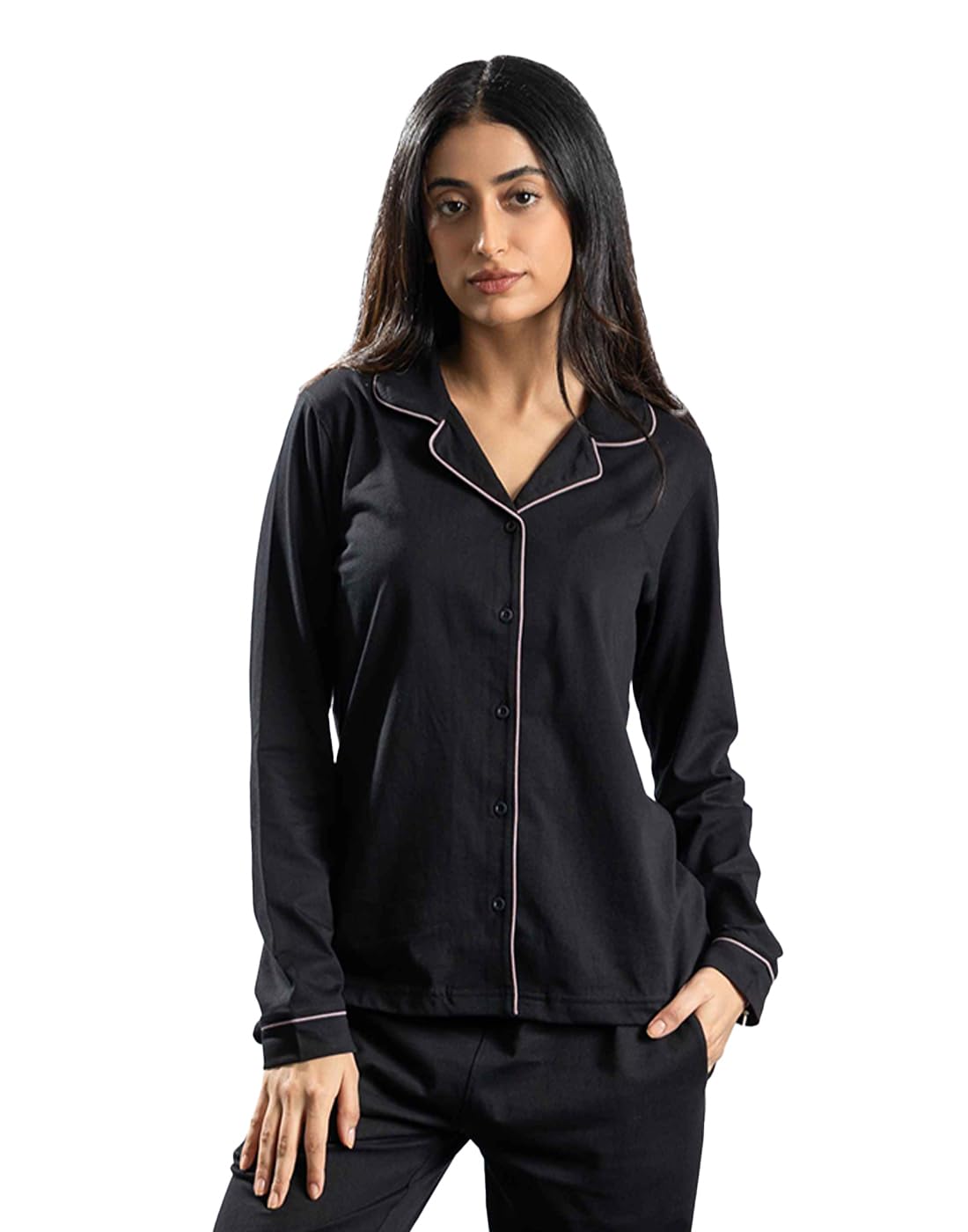 Women Solid Lapel Collar 1 Shirt, 1 Pyjama :: Night Suit Set