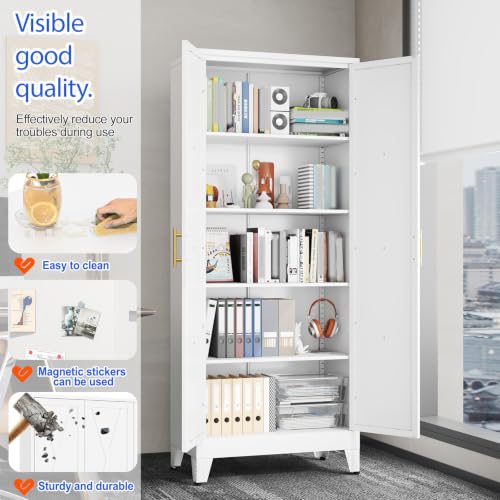 Image of GAIOUS 71 inch Tall Kitchen Pantry Cabinet,Metal Storage Cabinet White Cupboard | Steel Office Cabinet, Freestanding Bookcase with 2 Doors and 4 Adjustable Shelves, Bathroom Kitchen Home Garage Tool Cabinet