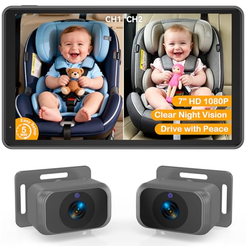 Image of Baby Car Camera for 2 Kids - 7-Inch Split-Screen Monitor, Dual HD 1080P Cameras, Night Vision, 360° Rotatable, Easy Install Backseat Camera for Safety & Convenience - Perfect for Twins or Siblings