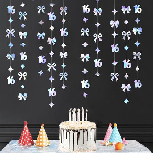 Image of Iridescent 16th Bow Birthday Decorations Metallic Conquette Bow Garland Streamer Banner Backdrop for Girls Boys Happy 16th Birthday Sweet Sixteen Cheers to 16 Years Old Anniversary Party Supplies