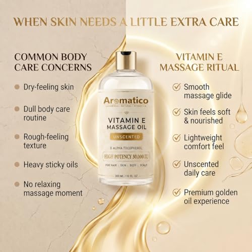 Image of AROMATICO Vitamin E Massage Oil 30,000 IU Unscented - Carrier Oil for Massage with Pure & Natural Alpha-D-Tocopherol, Almond & Jojoba for Deep Nourishment & Stretch Marks | 300ml