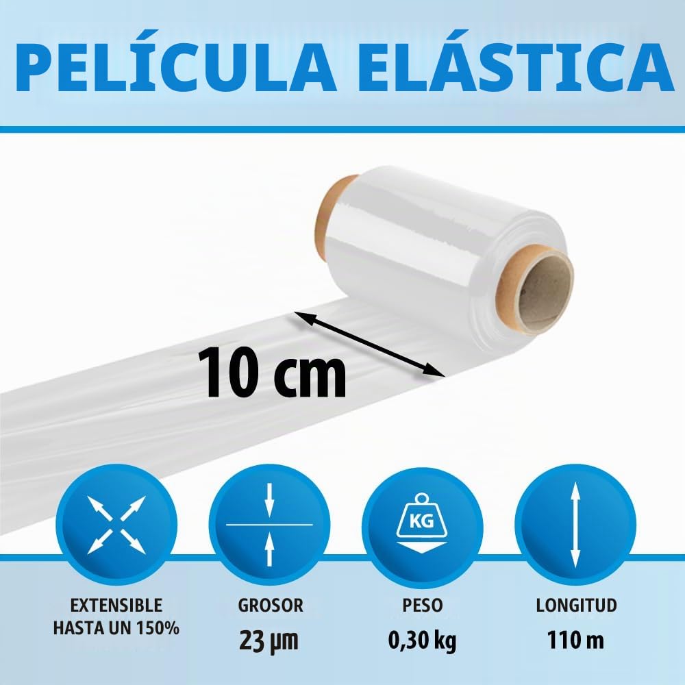 OFFICE PRODUCTS - Lámina elástica transparente (1 rollo/110 m – 10 cm/0,3 kg neto 23 my mano mudanza/rollo de film elástico/envolvente, película de embalaje)