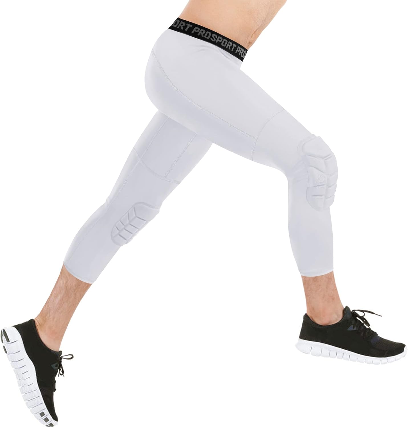 Mens Boys Compression Pants with Knee Pads 3/4 Capri Sport Tights Basketball Athletic Base Layer Workout Leggings