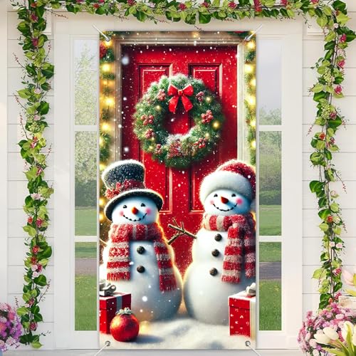 Image of BlissYard Door Cover Snowman Pair Pine Greenery 35x71 Inch Polyester | Door Banner, Wall Decor | Snowman Pair Accent, Pine Greenery Backdrop | Porch, Hallway, Party (Winter Art)