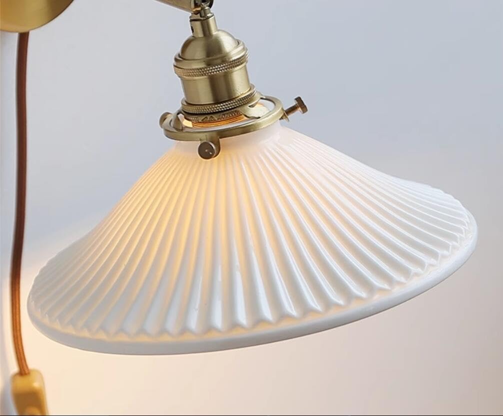 Vintage Plug in Brass Wall Sconces with Switch White Ceramic Lampshade Wall Lamp with Plug in Cord Bedside Wall Mounted Light(A)