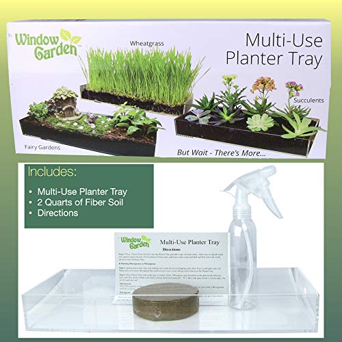 Window Garden Multi-Use Acrylic Planter Tray + Fiber Soil + Sprayer = Gorgeous Succulent, Dish and Herb Gardens | Grow Microgreens, Wheatgrass Seed | Centerpiece | Drip Tray | Fairy Gardens (2 Pack).