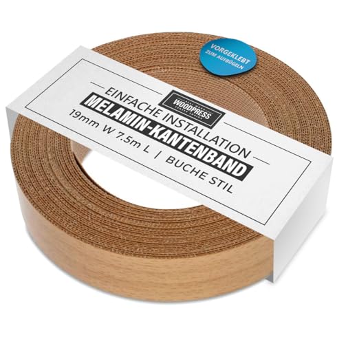 WoodPress® 19mm Buchenholz-Stil Melamin Kantenumleimer mit Schmelzkleber – 7,5m Rolle – Einfaches Aufbügeln für Heimwerker