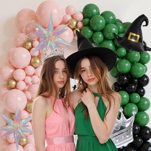 Image of Dark Green and Pink Balloons Arch Set for Witch Party, 160Pcs Dark Green, Baby Pink, Black, Gold, Clear Bobo, Witch Hat, Crown, and Exploding Star Balloons Kits for Birthday Decoration