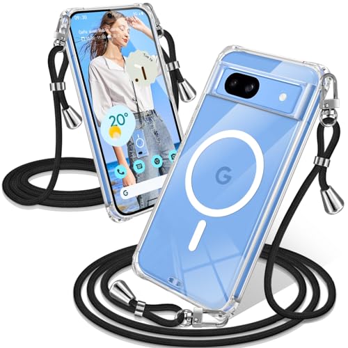 Google Pixel 8a ケース クリア ショルダー MagSafe対応 耐衝撃 ピクセル8a カバー 透明 マグセーフ対応 スマホケース 織りストラップ付き 紐付き カバー 肩がけ 首掛け 縄掛け シングルショルダーロープ 斜めがけ 調節可能なショ