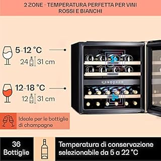 KLARSTEIN Cantinetta Vino Design, Cantinetta Vino Refrigerata a Zona Doppia per Vino Rosso, Bianco e Birra, Controlli Touch, Frigo Vino Cantinetta per Esterno/Interno, 5-22°C, 85L, 36 Bottiglie