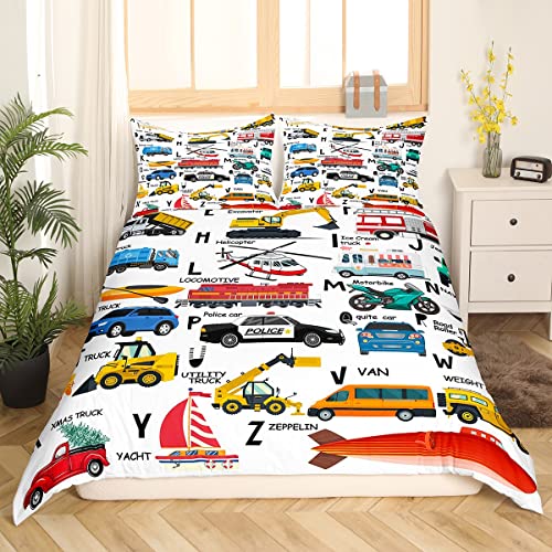 Loussiesd Excavator Kids Bed Cover Fire Truck Police Car Boys Duvet Cover Helicopter Motorcycle Ambulance Toddler Bedding Set Alphabet Vehicle Cars 2Pcs Bedding Single - Image 3
