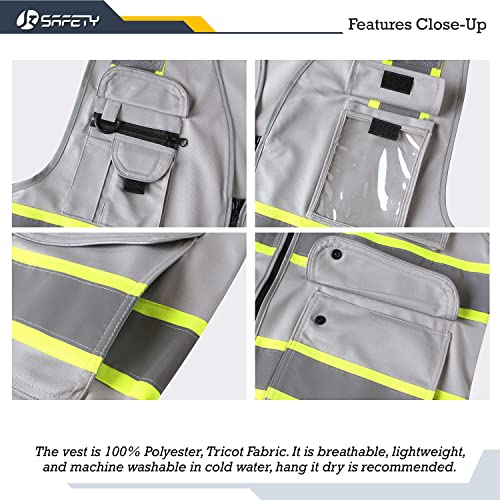Image of JKSafety 9 Pockets Hi-Vis Fluorescent Color Zipper Front Safety Vest with Neon Color Extended Yellow Trims for Men and Women Work Safety Utility (901-Grey 5XL)