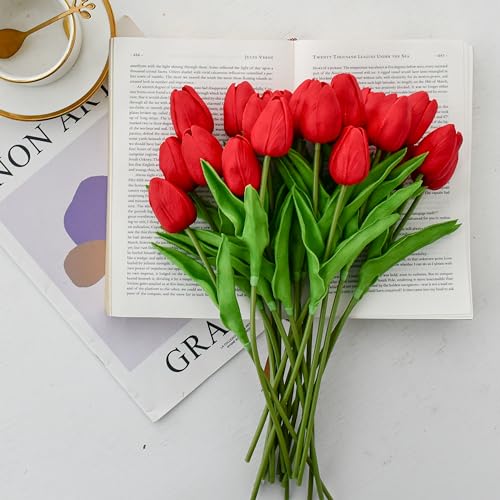 Image of ONLY ART Artificial Red Tulips 20 Pcs - 13.5 Inch PU Faux Flowers with Bendable Stems for Home Decor, Wedding Centerpieces, DIY Floral Arrangements, New Year and Valentine's Day