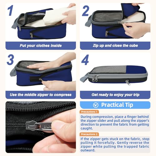 Image of BAGAIL 4 Set /6 Set /8 Set Compression Packing Cubes Travel Accessories Expandable Packing Organizers (Half Mesh, 6-Navy)