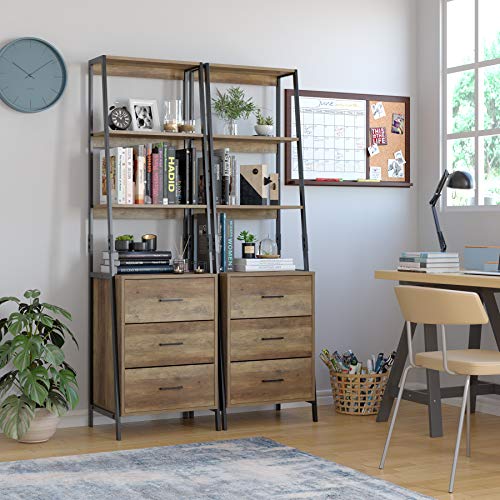 HOMECHO Storage Cabinet, Ladder Shelf with Fabric Drawers, 3 Tier Open Shelves, Accent Ladder Bookcase Bookshelf with Storage Chest, Tall Nightstand Organizer Unit for Home Office, Rustic Brown