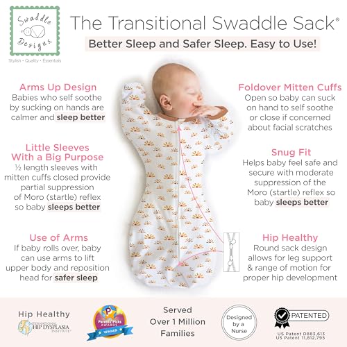 Image of SwaddleDesigns Transitional Swaddle Sack, Arms Up Half-Length Sleeve & Mitten, Most Gradual Transition Swaddle for Newborn