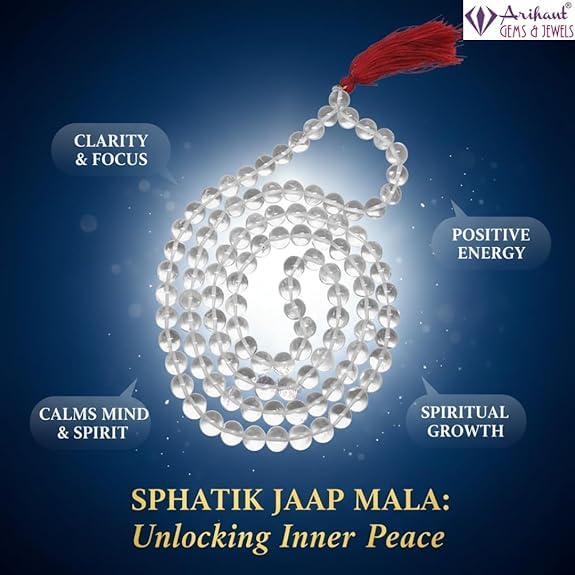 Image of Arihant Gems and Jewels 108+1 Beads Sphatik Jaap Mala for Pooja | Natural & Certified | Astrological Gemstone | Positive Effect | Unisex Both for Men & Women