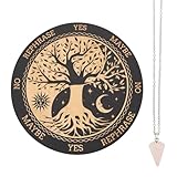 INFUNLY Witch Pendulum Board Tree of Life Round Wooden Divination Board 7.9' Sun Moon Metaphysical Message Board with Crystal Necklace Witchcraft Wicca Altar Supplies Kit