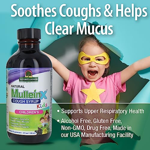 Nature's Answer Mullein X Kids Cough Syrup 4 Ounce - Soothes Coughs, Clears Mucus, Respiratory & Lung Support, Non GMO, Gluten Free, Non Drowsy, Mucus Relief - Natural Honey Flavor