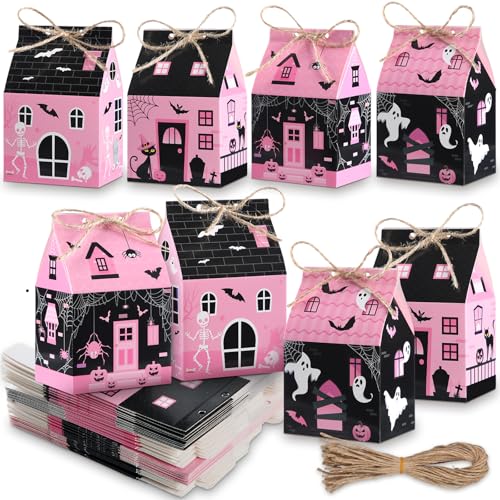 Zhanmai 48 Pcs Pink Halloween Treat Boxes Mini Black Castle House Candy Pink Box Small Halloween Paperboard Gift Container for Holiday Party Treat Cookie Goodie Snack Gift Packaging