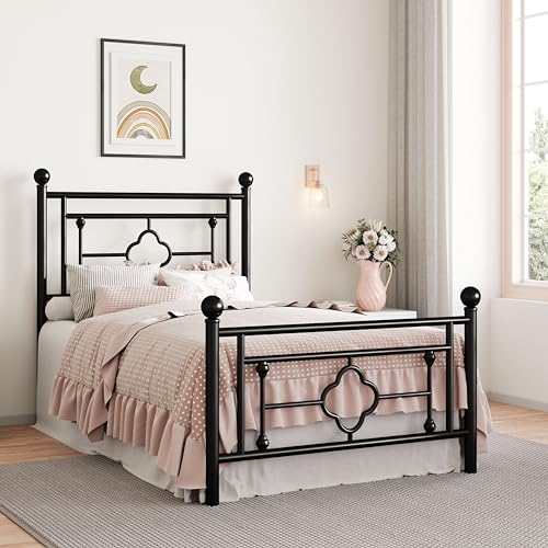Image of SHA CERLIN 14 Inches Twin Size Metal Platform Bed Frame /Vintage Iron-Art Headboard and Footboard /Mattress Foundation for Storage /No Box Spring Needed /Noise-Free /Easy Assembly /Black