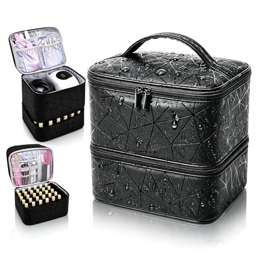 BEAULOOK Nail Polish Organizer Bag 9.4x8.1x9.4 PU Leather Portable Nail Lamp Storage Carrying Case 30-Bottle Tray Nail Supply Gift for Woman Girls Travel & Home Use