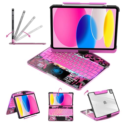 Image of Clear Keyboard Case for iPad 10th Gen (2022 /2025 10.9 inch) & 11 inch (A16) 3-Brightness, 7-Color Backlight, Trackpad Wireless Bluetooth Keyboard with 360 Rotating Stand, Pencil Holder Pink