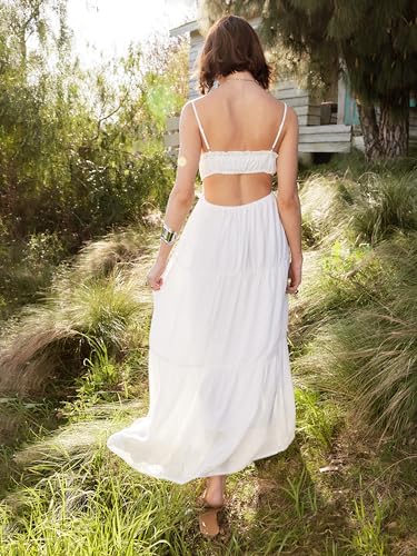 CIDER Maxi Dresses Women White Spaghetti Strap Backless Flowy Summer Boho Vacation Dress Beach Outfits3