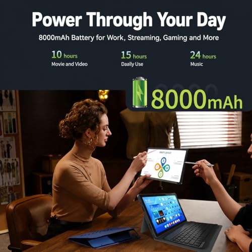 Image of 11 inch Android 15 Tablet with SIM Card Slot, 4G LTE Cellular Tablet, 128GB Storage, 6GB RAM, Octa-Core, GPS, WiFi, 8000mAh, Keyboard, Mouse, Stylus & Case for Travel, RV, Work, Silver