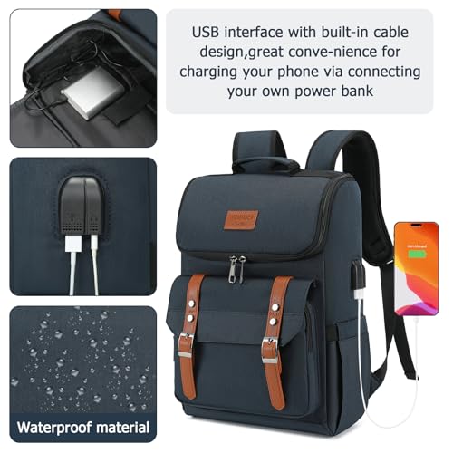 Image of YALUNDISI Vintage Backpack Travel Laptop Backpack with usb Charging Port for Women & Men College Backpack Fits 15.6 Inch Laptop Blue Brown