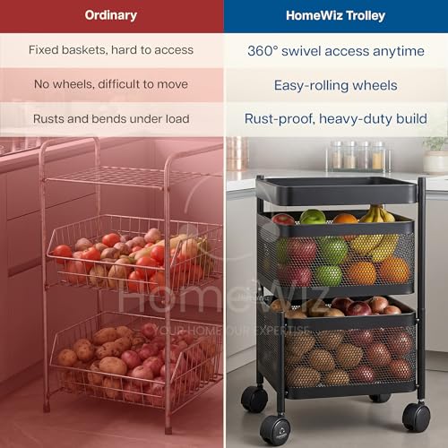 Image of HomeWiz Square Kitchen Rack 2- Layer | Lifetime Usage Heavy Duty Steel Trolley | Kitchen Storage | Onion Potato Rack For Kitchen | Multipurpose Storage Rack for Fruits & Vegetables | Rust-Free Forever