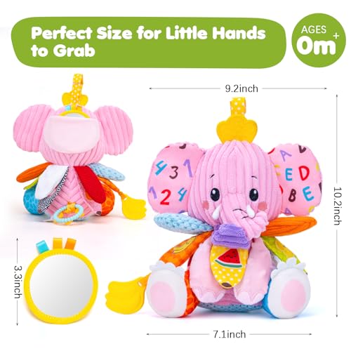 Image of Baby Girl Toys 0-6 6-12 Months, Sensory Musical Toddler Toy for 3 4 5 6 7 8 9+ Months, Pink Elephant Plush Infant Toy with Teether, Crinkle, Rattle Baby Mirror for Tummy Time Newborn