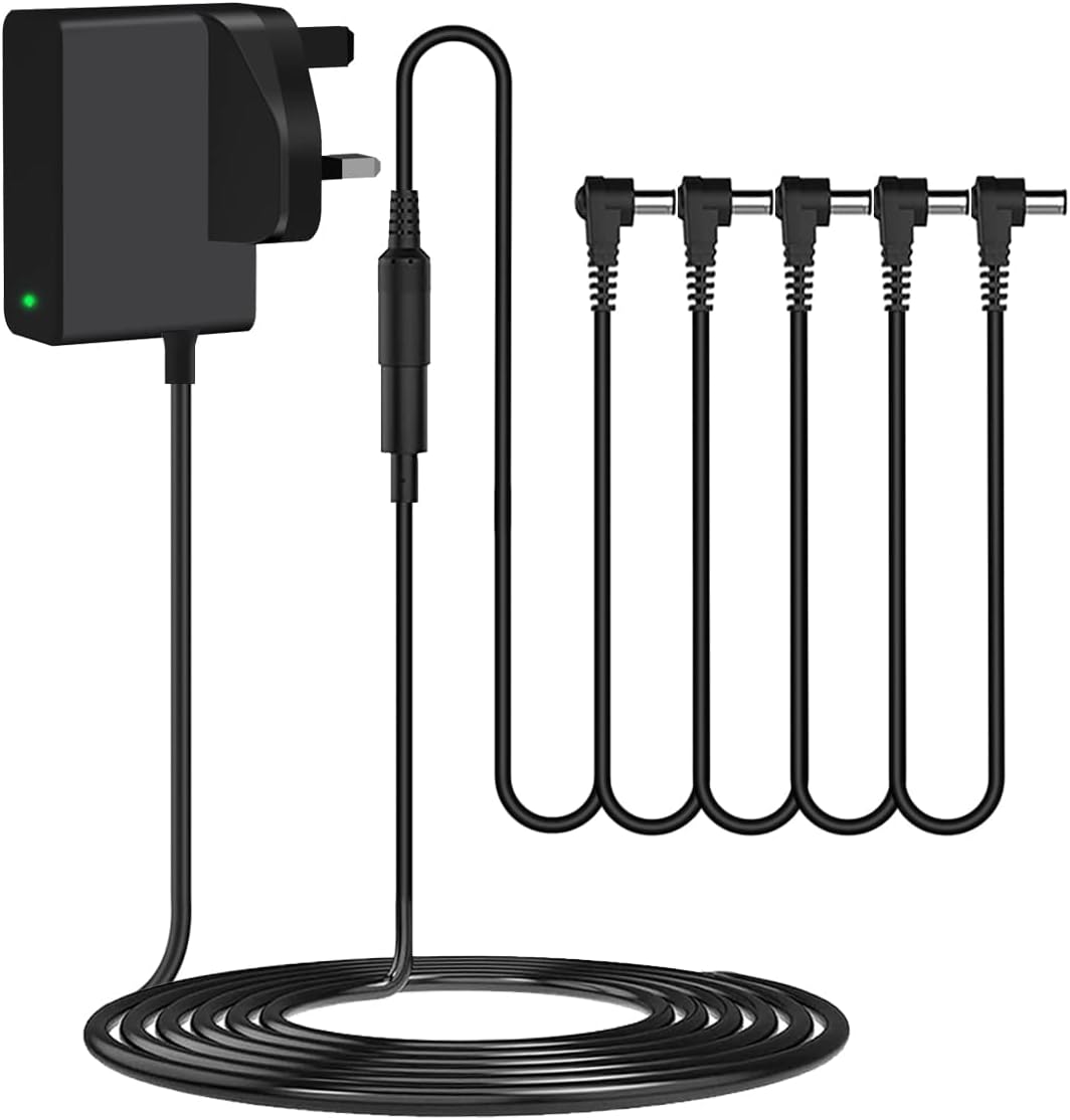 9V Guitar Pedal Power Supply DC 5 Way Daisy Chain Charger Compatible With Behringer, JOYO, Donner, BOSS, Sonicake, MXR, TC Electroneic, Zoom Effects Pedals Adapter Tip Negative 1.5m Cable (UKCA/Light)