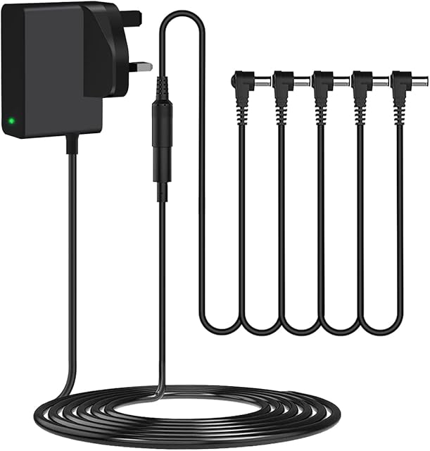 9V Guitar Pedal Power Supply DC 5 Way Daisy Chain for Behringer, Behriger, Donner, BOSS Effects Pedals Adapter Tip Negative 1.5m Cable