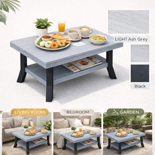 Image of Royal Multipurpose Plastic Coffee Table with Storage Shelf | Ash Grey | Premium Wood Texture Finish | Comfortable Living Room, Bedroom & Balcony Table | Dimensions: 82.5 x 52.5 x 42.5 CM