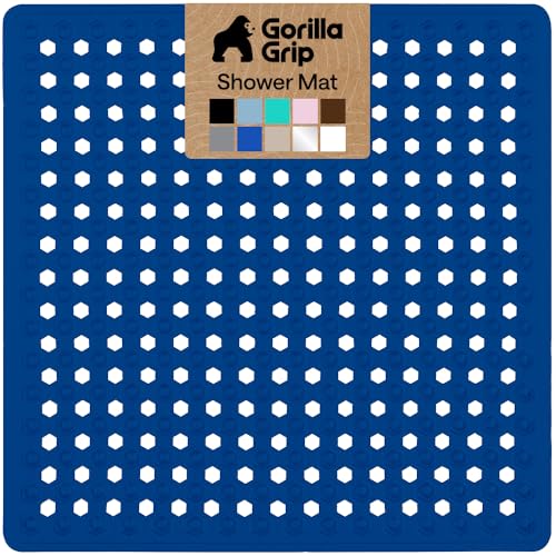 Image of GORILLA GRIP Patented Square Shower Stall Mat, Small Bathtub Floor Mats for Stand Up Showers, Suction Cups, Drain Holes, Machine Wash, Soft on Feet, Bathroom Accessories 21x21 Inch, Royal Blue Opaque