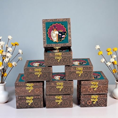 Image of Kamdhenu Wooden Jewellery Box | Handcrafted Decorative Storage Organizer | Traditional, Multipurpose Keepsake Box for Rings, Earrings & Small Accessories | Teal Lotus, Pack of 10