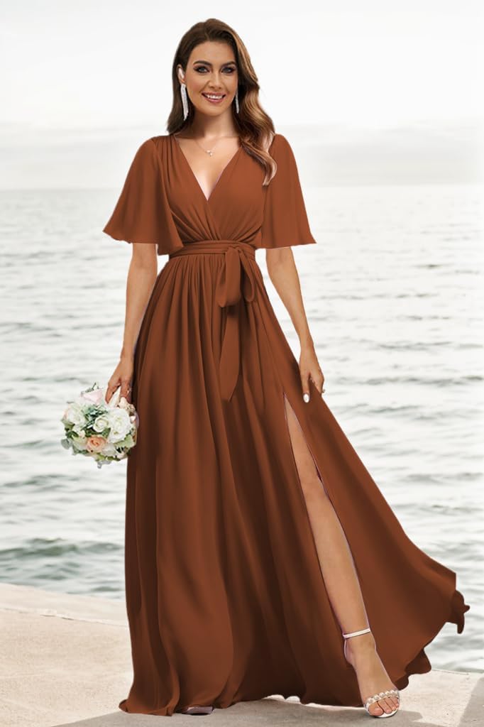 Flutter Sleeve Chiffon Bridesmaid Dresses Long with Pockets Slit V Neck Formal Dress for Women
