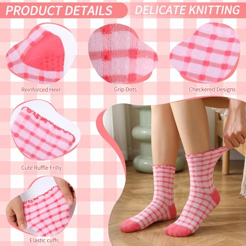 Image of 6 Pairs Women Ruffle Striped Frilly Socks, Cute Checkered Ankle Sock for Women Cotton Knit Casual Crew Socks