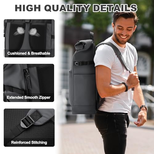 Image of VASCHY Roll Top Travel Backpack for Men, Water Resistant Expandable Large Carry-on Casual Daypack for Work Business Hiking College Gray