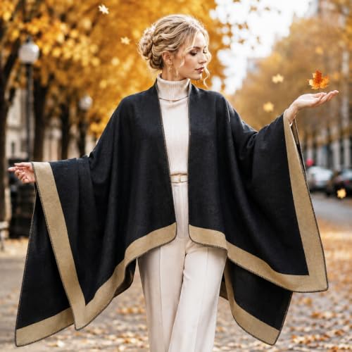 Image of Plaid Shawl Wrap for Women Boho Open Front Poncho Wrap Fall Winter
