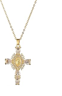 Gold Plated Rhinestone Cross Necklace for Women,Sparkling Miraculous Medal Crucifix Pendant Thin Chain Necklace,Sweet Catholic Baptism Jewelry Gifts