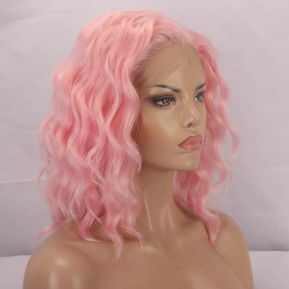Light Pink Wigs for Women Loose Curly Bob Wig Synthetic Hair Heat Resistant Fiber Hair Half Hand Made 14 inches