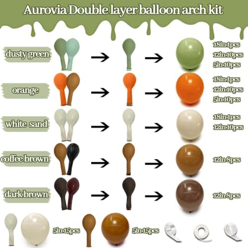 Image of Green Brown Orange Balloon Garland Double Stuffed Fall Thanksgiving Balloon | Sage Green White Cream Beige Balloon Arch Kit for Baby Shower Birthday Dinosaur Woodland Pumpkin Party Decorations