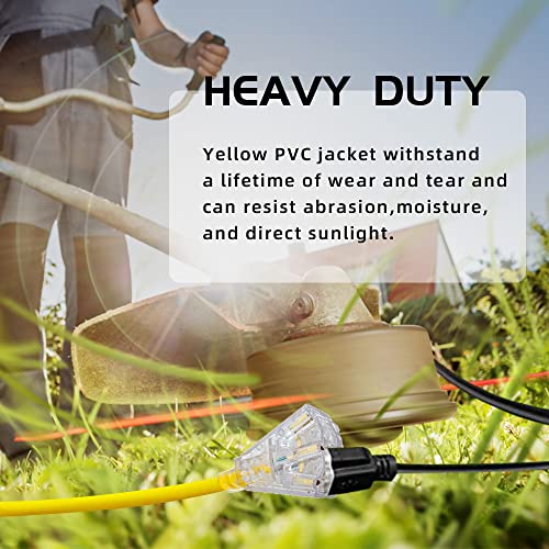 Honderson 15 Ft Lighted Outdoor Extension Cord With 3 Power Outlets,12/3 Sjtw Heavy Duty Yellow Extension Cable With 3 Prong Grounded Plug For Safety,Ul Listed #TOP4