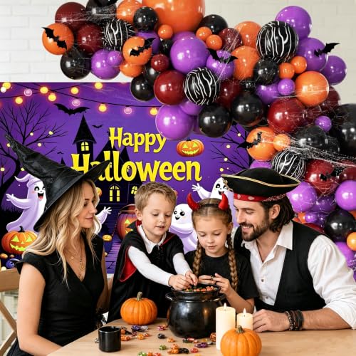 Image of 152Pcs Halloween Balloons Arch Kit with Halloween Backdrop and 3D Bat, Orange Black Purple Burgundy Balloons Garland Arch Kit for Spooky One Costume Halloween Birthday Party Decorations
