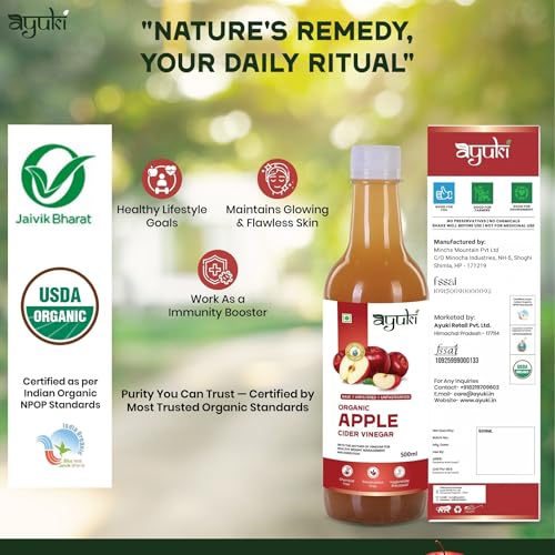 Image of AYUKI Apple Cider Vinegar Raw, Unfiltered ACV with Mother of Vinegar - Himalayan Apple Cider Vinegar for Detox, Digestion & Metabolism Boost - 500 ml