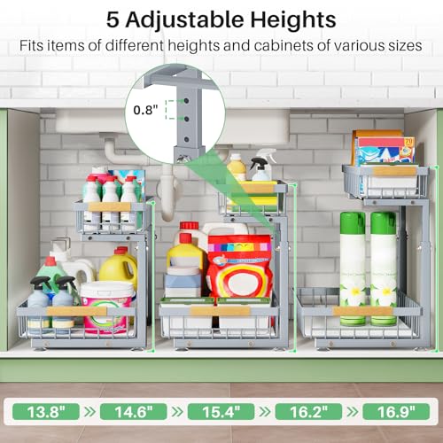 Image of Kitstorack Under Sink Organizer, 2 Tier Under the Sink Storage, Slide out Pull out Cabinet Organizer Shelf, Metal Sliding Drawer for Kitchen Bathroom Pantry Closet Organization Rack, Grey, 2 Pack
