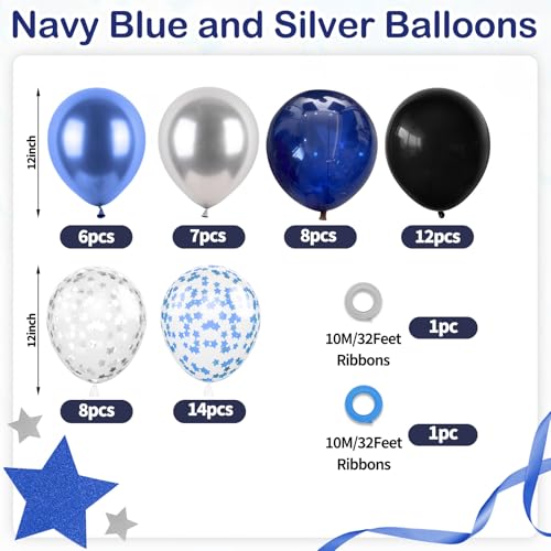 Image of Navy Blue Silver Balloons, 60 Pcs Metallic Pearl Night Blue Black Balloons, 12 Inch Silver Star Confetti Balloon Helium for Graduations Boys Birthday Wedding Anniversary Retirement Party Decorations